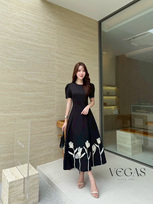 Women Elegant Pop Up Flower Puff Sleeves Long Dress